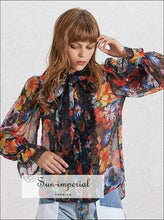 Galilea top - Sheer Floral Print Women Blouse Bowknot Collar Flare Sleeve Loose Shirt