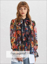Galilea top - Sheer Floral Print Women Blouse Bowknot Collar Flare Sleeve Loose Shirt