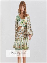 Garden Dress- Floral Print off Shoulder Cut Waist Women Mini Dress Lantern Long Sleeve High Waist, Sleeve, Off Shoulder, vintage, 