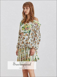 Garden Dress- Floral Print off Shoulder Cut Waist Women Mini Dress Lantern Long Sleeve High Waist, Sleeve, Off Shoulder, vintage, 