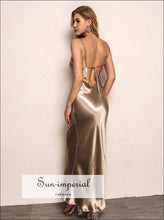 Gold Maxi Satin Dress Slim Backless Vintage Cami Straps Cocktail Party backless, best seller, bodycon cut, cami, cami strap SUN-IMPERIAL 