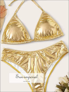 Golden 2 Piece Set Women Bikini Satin Deep V Neck Triangle Rave Style Women Vintage Beach Summer