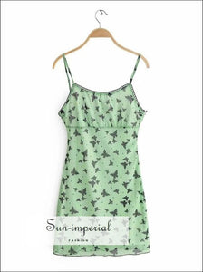 Green Butterfly Print Bodycon Mesh Cami Mini Dress