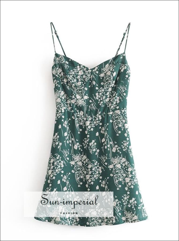 Green Floral Cami Straps A-line Corset Style Mini Dress with Ruffle Edge detail Beach Print, bohemian style, boho casual chick sexy style 