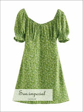 Green Floral Mini Dress a Line Ruched Square Neck Frill Sleeve with Bowknot front