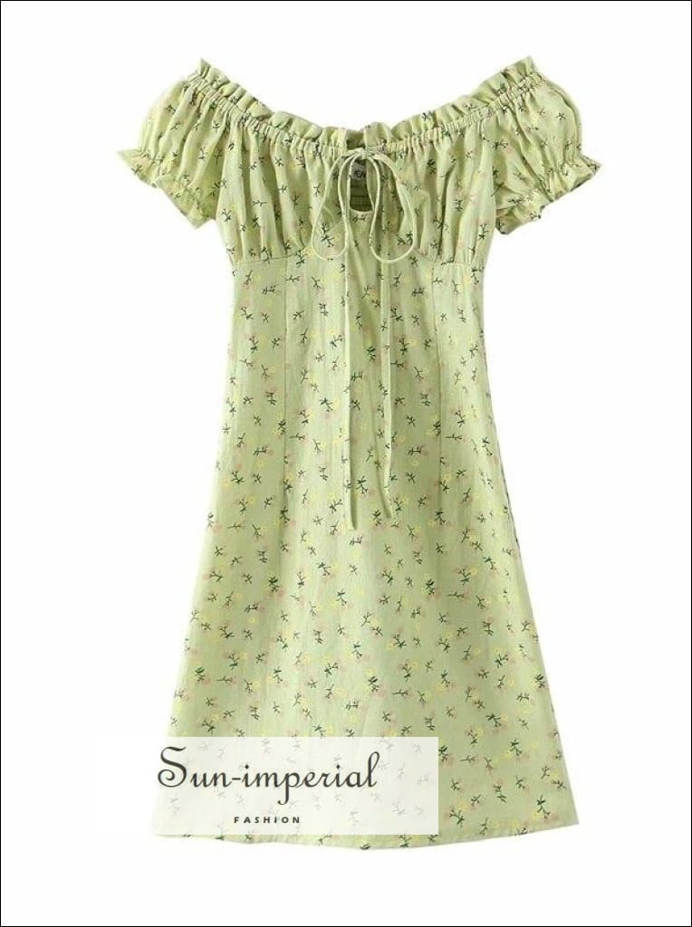 Green Floral off the Shoulder Mini Dress Frill Neck Dress Tie front Cotton Mini Dress