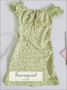 Green Floral off the Shoulder Mini Dress Frill Neck Dress Tie front Cotton Mini Dress