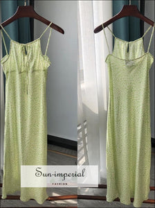 Green Floral Print Sling Cami Midi Dress Ruched Bust Center Lace Slim vintage style SUN-IMPERIAL United States