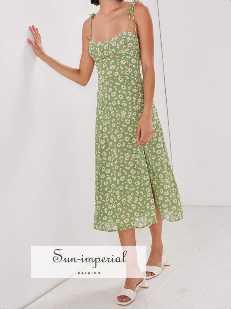 Sun-imperial - Green floral tie strap split front corset style midi dress Green / L Sun-imperial - Green floral tie strap split front corset style midi dress Green / L