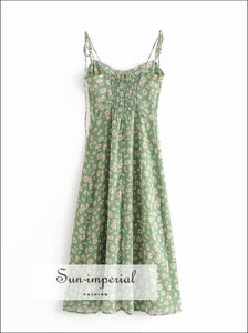 Green Floral Tie Strap Split front Corset Style Midi Dress SUN-IMPERIAL United States
