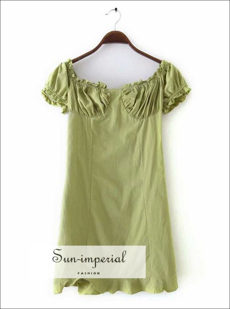 Green Mini Short Sleeve Dress Ruched Bust Square Neckline Dress