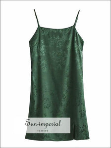 Green Satin Floral Print Cami Strap Square Collar Mini Dress with front Slit detail chick sexy style, elegant Unique style SUN-IMPERIAL 