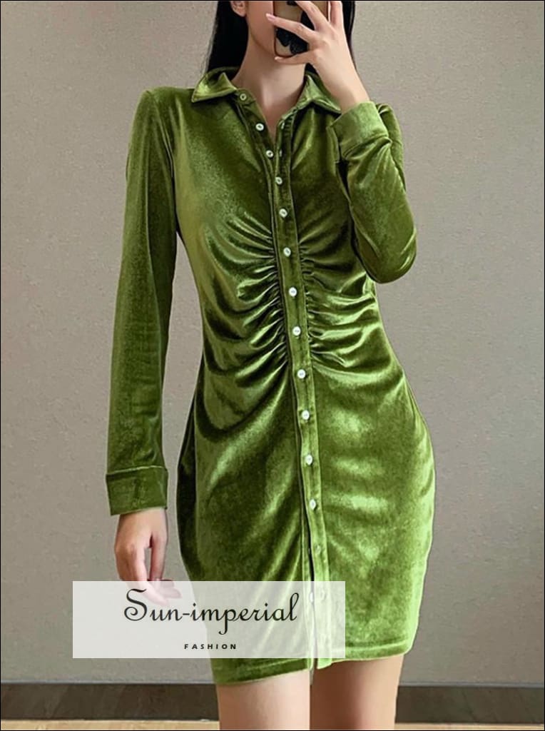 Sun-imperial - Green Velvet Long Sleeve Autumn Bodycon Mini Dress with Ruched Center and Turn Down Black / L Sun-imperial - Green Velvet Long Sleeve Autumn Bodycon Mini Dress with Ruched Center and Turn Down Black / L