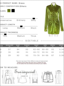 Green Velvet Long Sleeve Autumn Bodycon Mini Dress with Ruched Center and Turn Down Collar detail Basic style, Bohemian Style, casual chick 