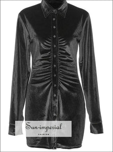 Sun-imperial - green velvet long sleeve autumn bodycon mini dress with ruched center and turn down Black / L Sun-imperial - green velvet long sleeve autumn bodycon mini dress with ruched center and turn down Black / L