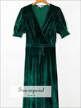 Green Velvet Warp Short Flare Puff Sleeve Midi Dress bohemian style, boho elegant harajuku maxi green velvet dress SUN-IMPERIAL United 