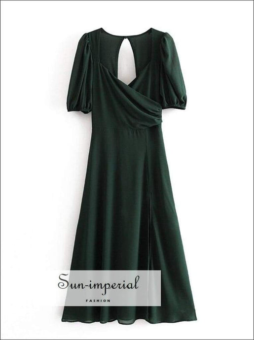 Green Vintage Short Sleeve Midi Dress Sweetheart Neckline side Split Floral Print Keyhole Cut out