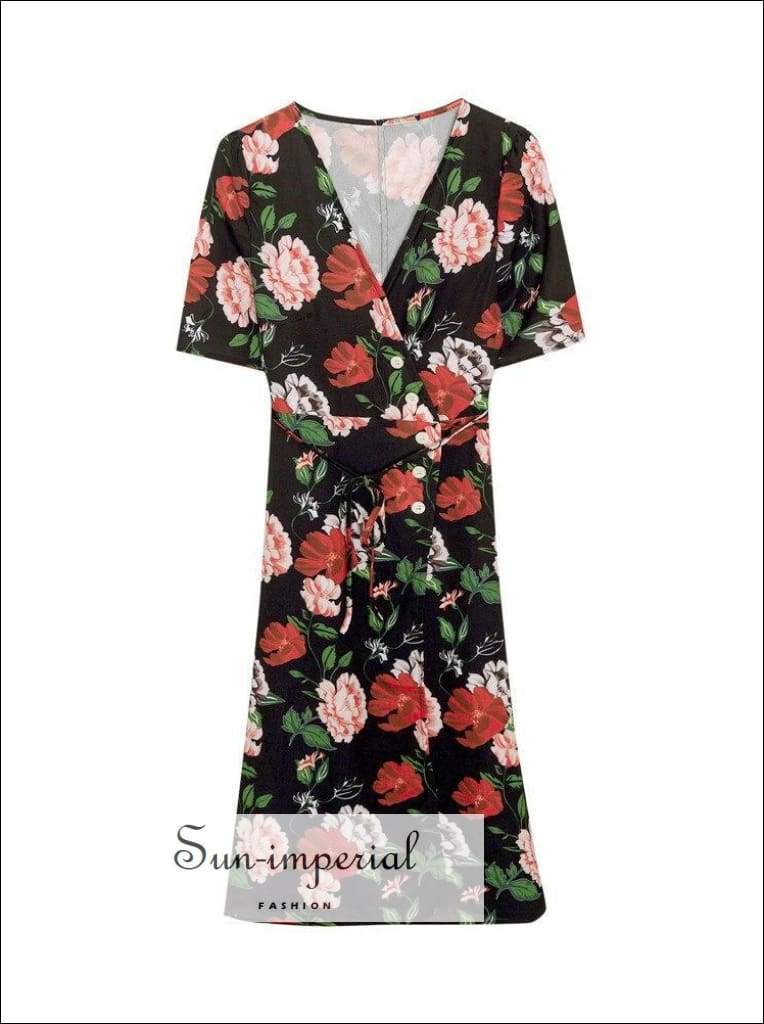 Green Warp Floral Print Midi Dress Short Sleeve V-neck Eu