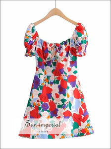 Green - Women Square Neck Floral Print Mini Dress with Puff Sleeve