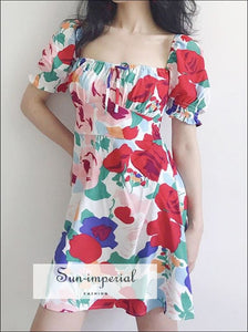 Green - Women Square Neck Floral Print Mini Dress with Puff Sleeve