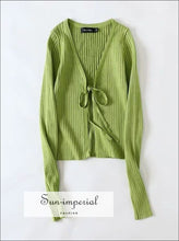 Green Women Tie front Crop Rib Knit Cardigan