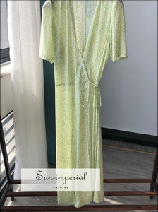 Green Wrap Floral Print Buttoned side Lace Short Sleeve front Slit Midi Dress vintage style SUN-IMPERIAL United States
