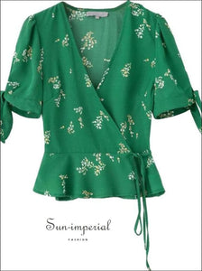 Green Wrap Neck Flower Print Lace Tie Waist Kimono top Short Edge Sleeve Women Blouse wrap neck lace tie waist edge women Blouse, vintage 