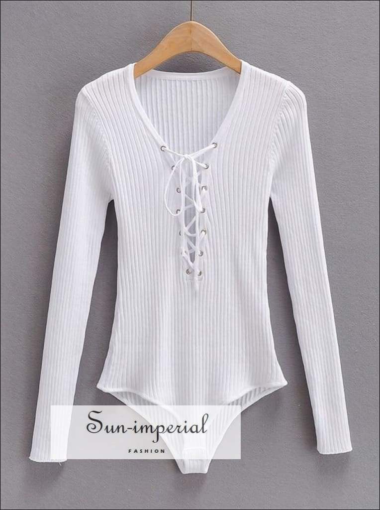 Grey Lace up Rib Knit Bodysuit Long Sleeved basic style, knit long sleeve lace bodysuit, street style SUN-IMPERIAL United States