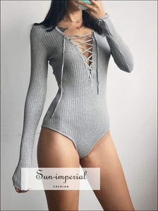 Grey Lace up Rib Knit Bodysuit Long Sleeved basic style, knit long sleeve lace bodysuit, street style SUN-IMPERIAL United States