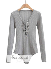 Grey Lace up Rib Knit Bodysuit Long Sleeved basic style, knit long sleeve lace bodysuit, street style SUN-IMPERIAL United States