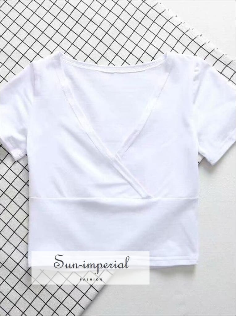Grey V-neck Warp Women Short Sleeve T-shirt Cotton Solid Tee