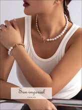 Half Pearl Gold Beads Chain Necklace And Bracelet Set With Golden Heart Buckle Closer Sun-Imperial United States