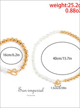 Half Pearl Gold Beads Chain Necklace And Bracelet Set With Golden Heart Buckle Closer Sun-Imperial United States
