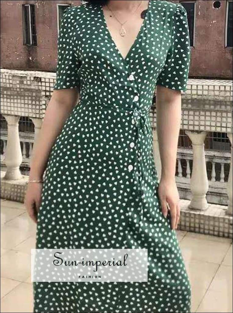 Heart Print Green Warp Midi Dress Short Sleeve V-neck Eu Heart Print Green Warp Midi Dress Short Sleeve V-neck Eu