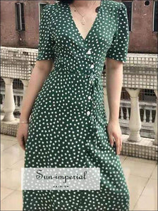 Heart Print Green Warp Midi Dress Short Sleeve V-neck Eu
