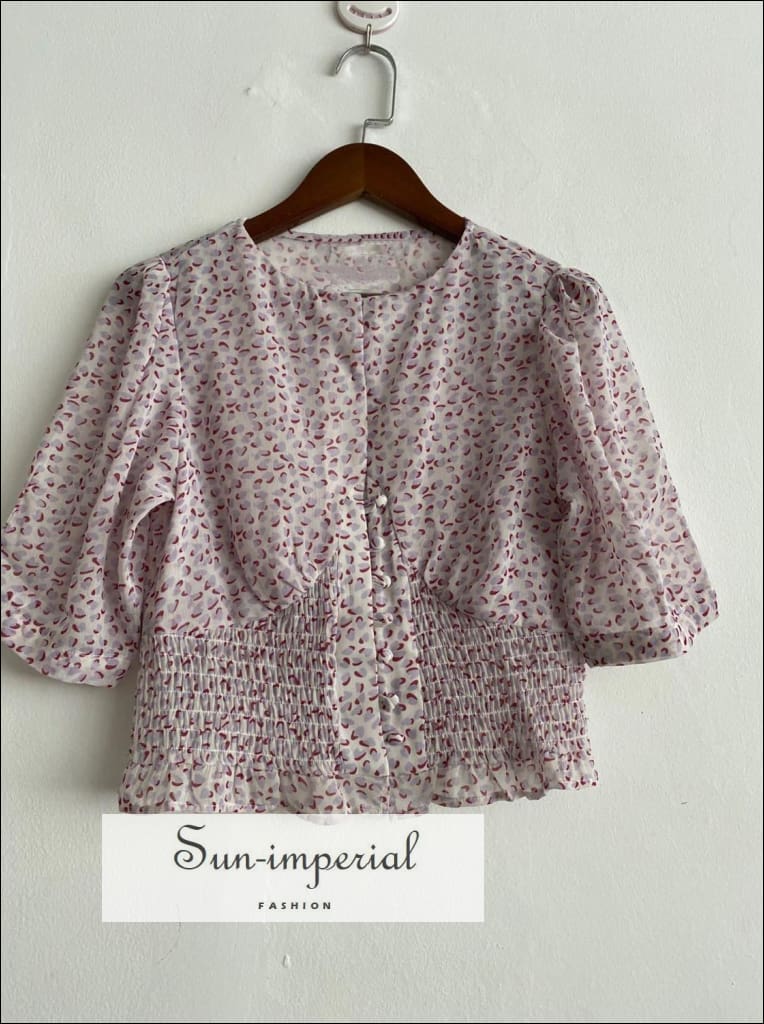 Hearts Print Half Sleeve Women O Neck Blouse Canter Buttons and Ruffled detail top vintage style SUN-IMPERIAL United States