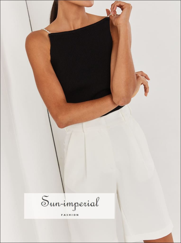 Sun-imperial - high neck women Black knit crop top backless pearls beaded strap halter neck top B / S Sun-imperial - high neck women Black knit crop top backless pearls beaded strap halter neck top B / S