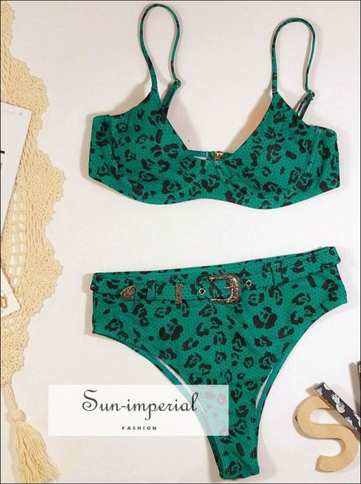 High Waist Bikini Belt bottom Swimsuit Women Leopard Print Bikini Set Swimwear - Green Leopard