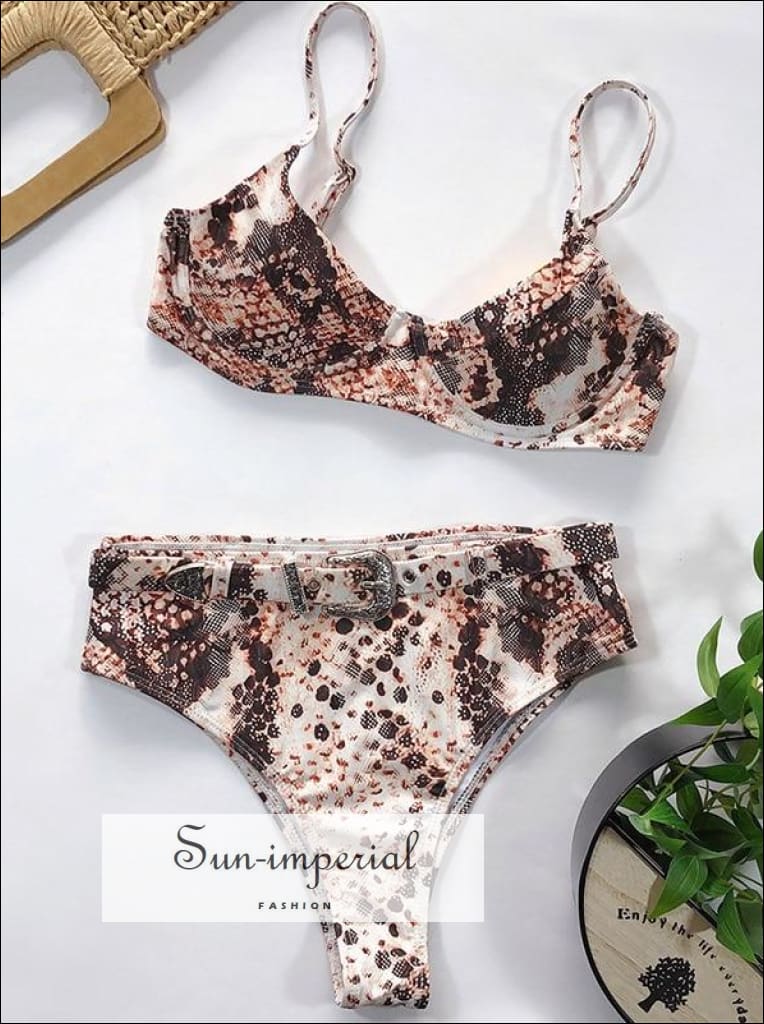 High Waist Bikini Belt bottom Swimsuit Women Leopard Print Bikini Set Swimwear - Pink Snakeskin