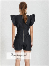 Hollywood Romper - Black Short Jumpsuit for Women V Neck Ruffle Sleeve High Waist Jumpsuits, Waist, Pants, Neck, vintage SUN-IMPERIAL United