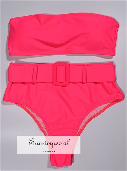 Hot Pink 2 Piece Bikini Tube Bandeau Strapless top and High Waist Belted bottom piece bikini tube bandeau strapless SUN-IMPERIAL United 
