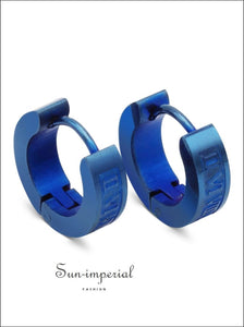 Huggie Hoop Earrings Stainless Steel Fashion Jewelry With Roman Numeral Design All Earrings, Blue, clasp, earring, Sun-Imperial United