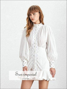 Isabel Dress - Casual Solid Lace Women Dress Stand Lantern Sleeve High Waist Button Mini Dress