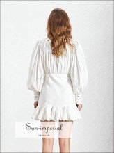 Isabel Dress - Casual Solid Lace Women Dress Stand Lantern Sleeve High Waist Button Mini Dress