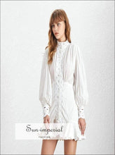 Isabel Dress in White- Casual Solid Lace Women Dress Stand Lantern Sleeve High Waist Button