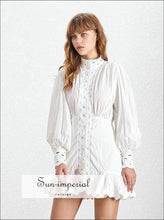 Isabel Dress in White- Casual Solid Lace Women Dress Stand Lantern Sleeve High Waist Button