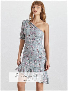Ithaca Dress - One Shoulder Floral Print Mini Half Sleeve High Waist Lace Ruffles Asymmetrical Dresses, Waist, Shoulder, Women Dress, 