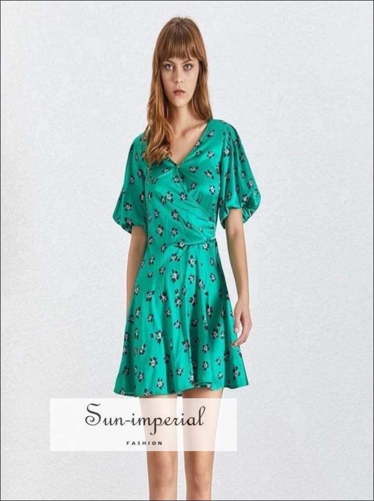 Ivanna Dress in Poison - Summer Print Mini for Women V Neck Short Sleeve High Waist Slim Green Dress, Waist, Sleeve, SUN-IMPERIAL United 