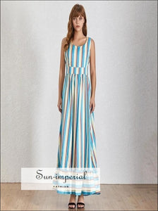 Ivy Dress- Striped Maxi Dress Color Block Backless X Strap Sleeveless High Waist A-line Dress