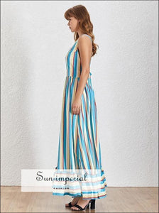 Ivy Dress- Striped Maxi Dress Color Block Backless X Strap Sleeveless High Waist A-line Dress